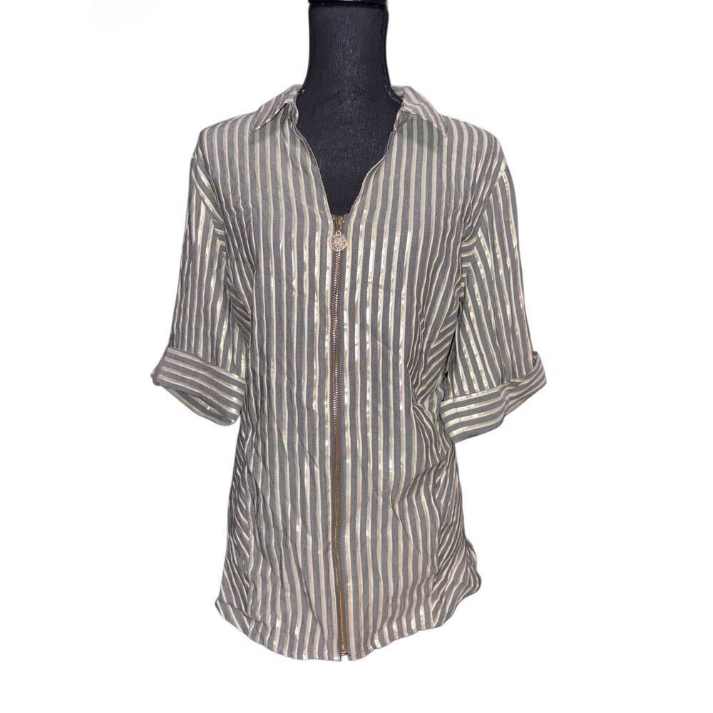 Anne Klein Striped Full Zip Blouse NWT